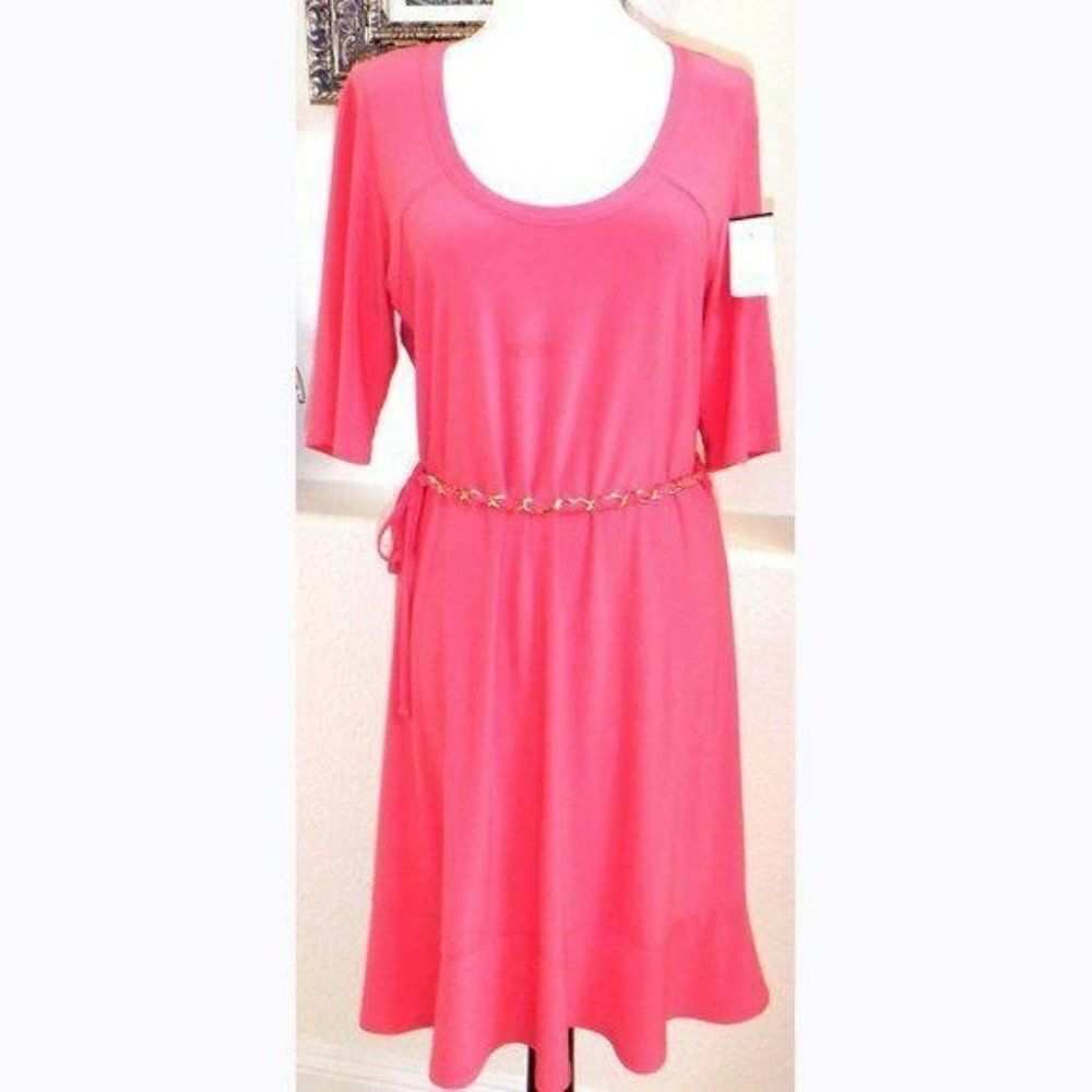 Bold Coral/salmon gold links belt dress